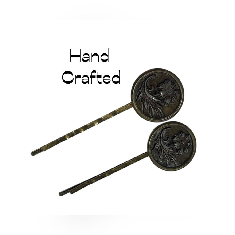 Hand Crafted Antique Gold Silver Floral Button Hair Clips NWT